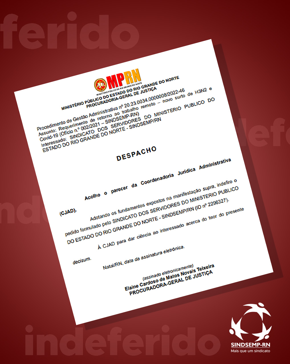 PGJ indefere pedido do SINDSEMP para a volta do trabalho remoto em todo o Ministério Público do Rio Grande do Norte 